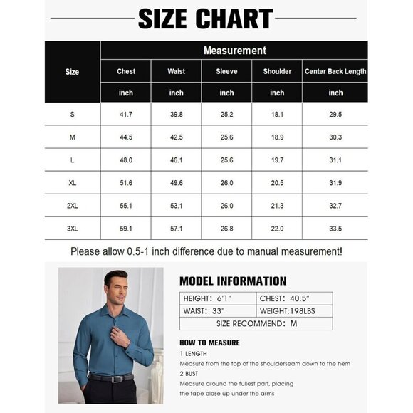 Men Blue Shirts Wrinkle Free Long Sleeve Button Down Shirt Formal Dress Shirt - Picture 6 of 6